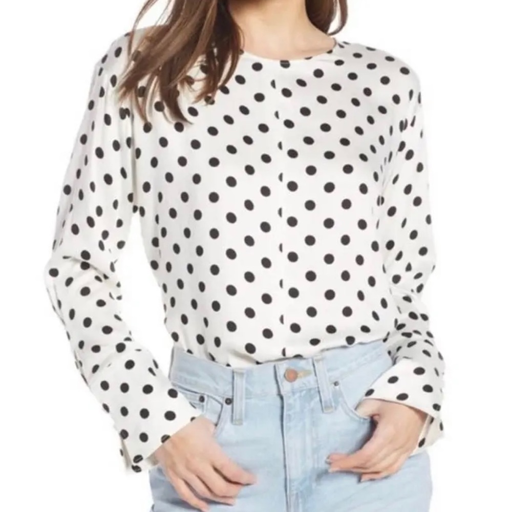 Something Navy White & Black Polka Dot Long Sleeve Blouse Size Small | Chic